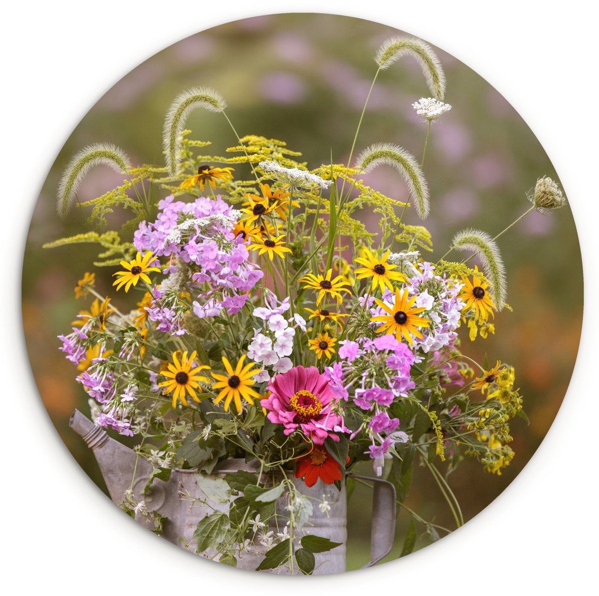 WallCircle® Wandcirkel 120x120 cm - Muurcirkel Bloemen - Gieter - Kleur - Muurdecoratie wo
