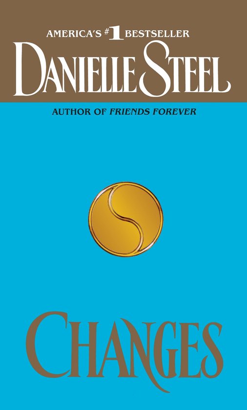 Boekomslag Changes van Danielle Steel met een gouden yin-yang symbool op een blauwe achtergrond.