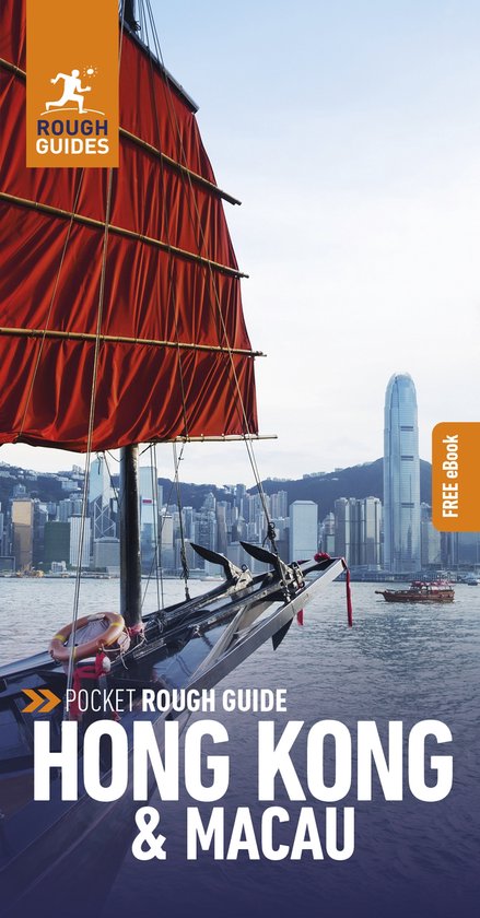 Couverture du Pocket Rough Guide Hong Kong & Macau, avec une jonque chinoise rouge au premier plan et la ligne d'horizon de Hong Kong en arrière-plan.