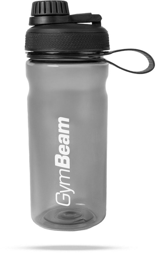 Grijze GymBeam shaker met zwarte dop en draaglus. De tekst 'GymBeam' is in het wit op de fles.