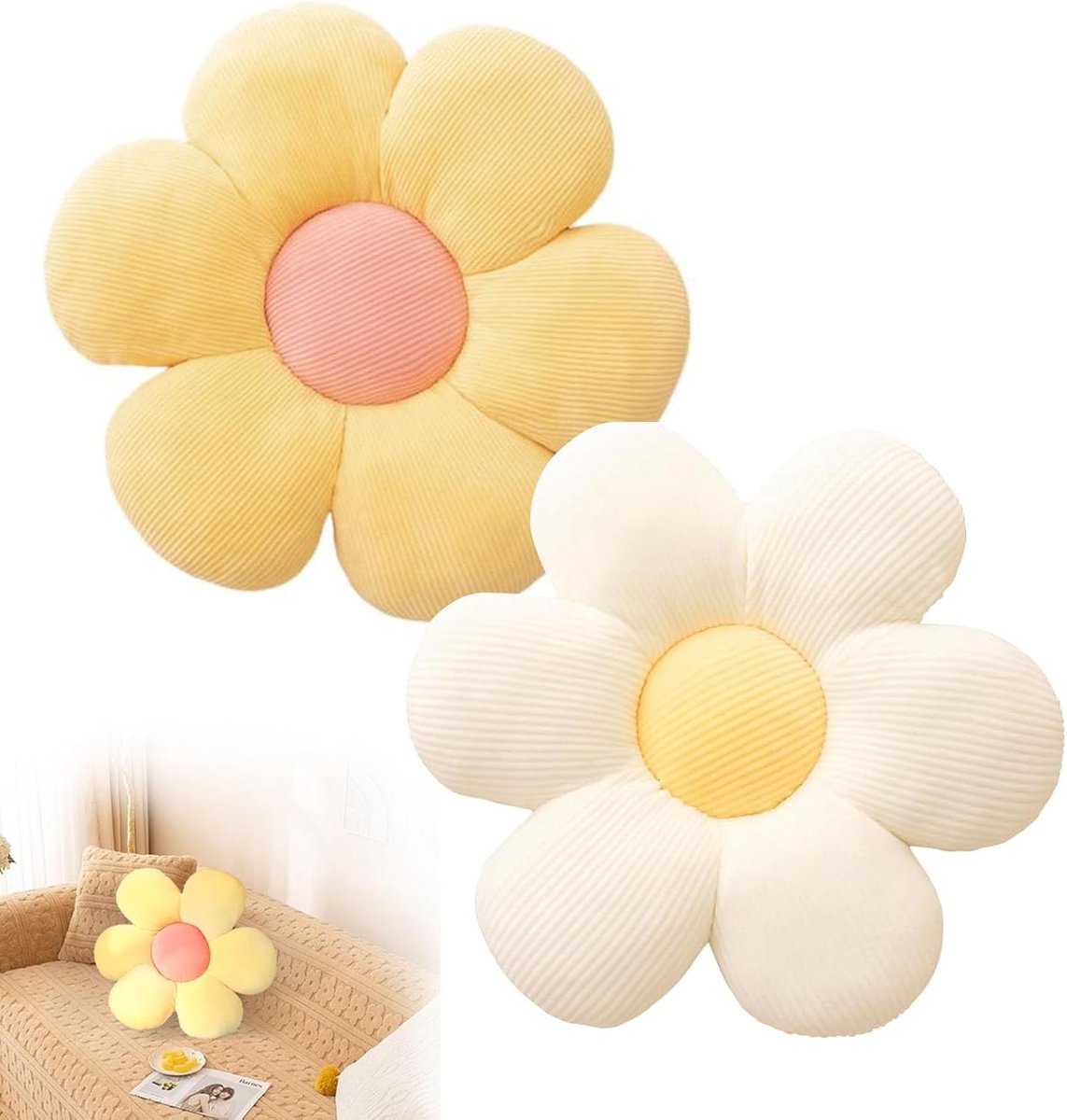 vloerkussen, 2 stuks bloemvloerkussen, zitkussen, 38 x 38 cm, bloemvloerkussen, tatami bloemvormig, zacht bloembladkussen, bloemvorm voor slaapkamer, bank (geel en wit)