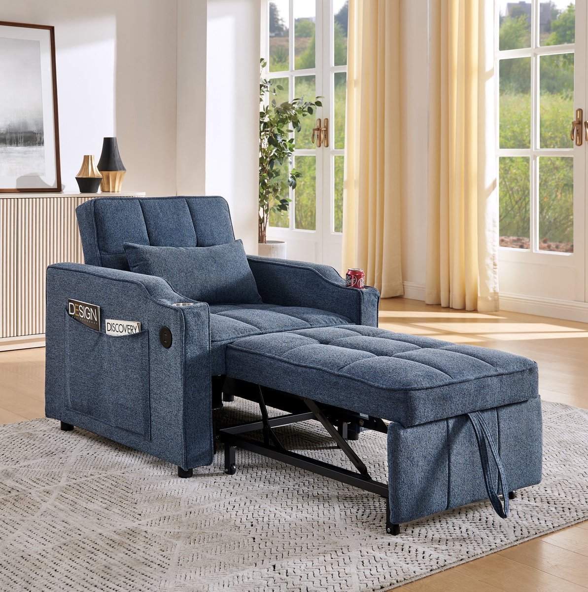 MIVRAY Fauteuil 190 cm - 3-in-1 Slaapstoel Met Verstelbare Rugleuning En Bedfunctie - Voor Kleine Ruimtes En Logeerkamer - Stof Marineblauw Navy Blue