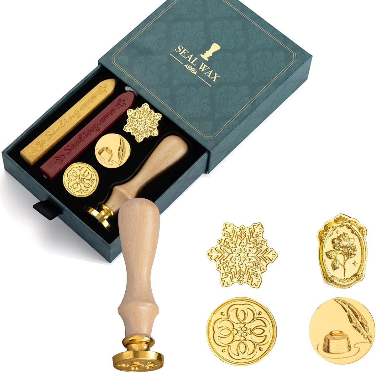 Dailygoods - Wax-zegelstempelset, wasstempelset, waszegelset met 4 stuks zegelstempels, 2 stuks zegelwas, waszegelstempelset, zegelstempelset voor envelop, bruiloft, uitnodiging, brief