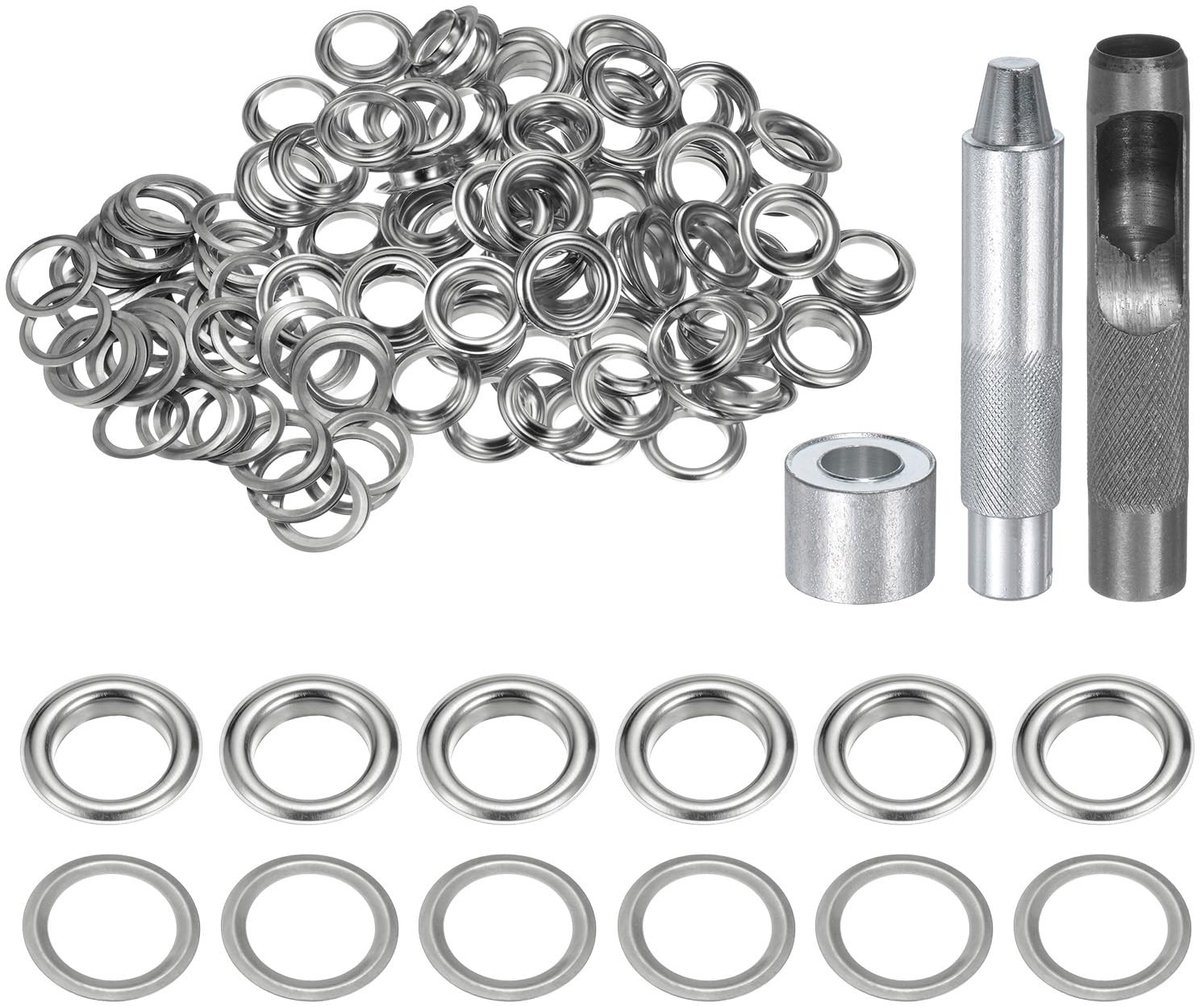 Dailygoods - QUARKZMAN Set van 100 ogen 14 mm koper met perforator, perforator voor ogen, gereedschap voor oogjes voor kleding van leer, stof, zilverkleurig