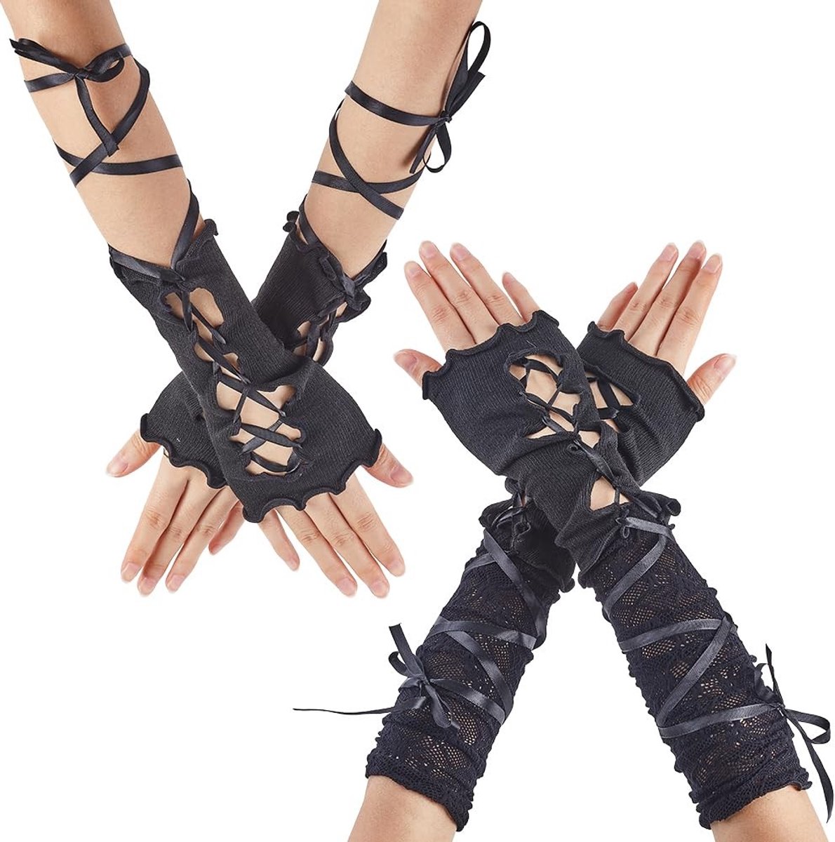 Dailygoods- Vingerloze Handschoenen 2 Paar - Zwarte Kanten Lange Handschoenen - Vingerloze Mouwhandschoenen - Verstelbare Armwarmers - Polyester Materiaal - Geschikt voor Feestgebruik