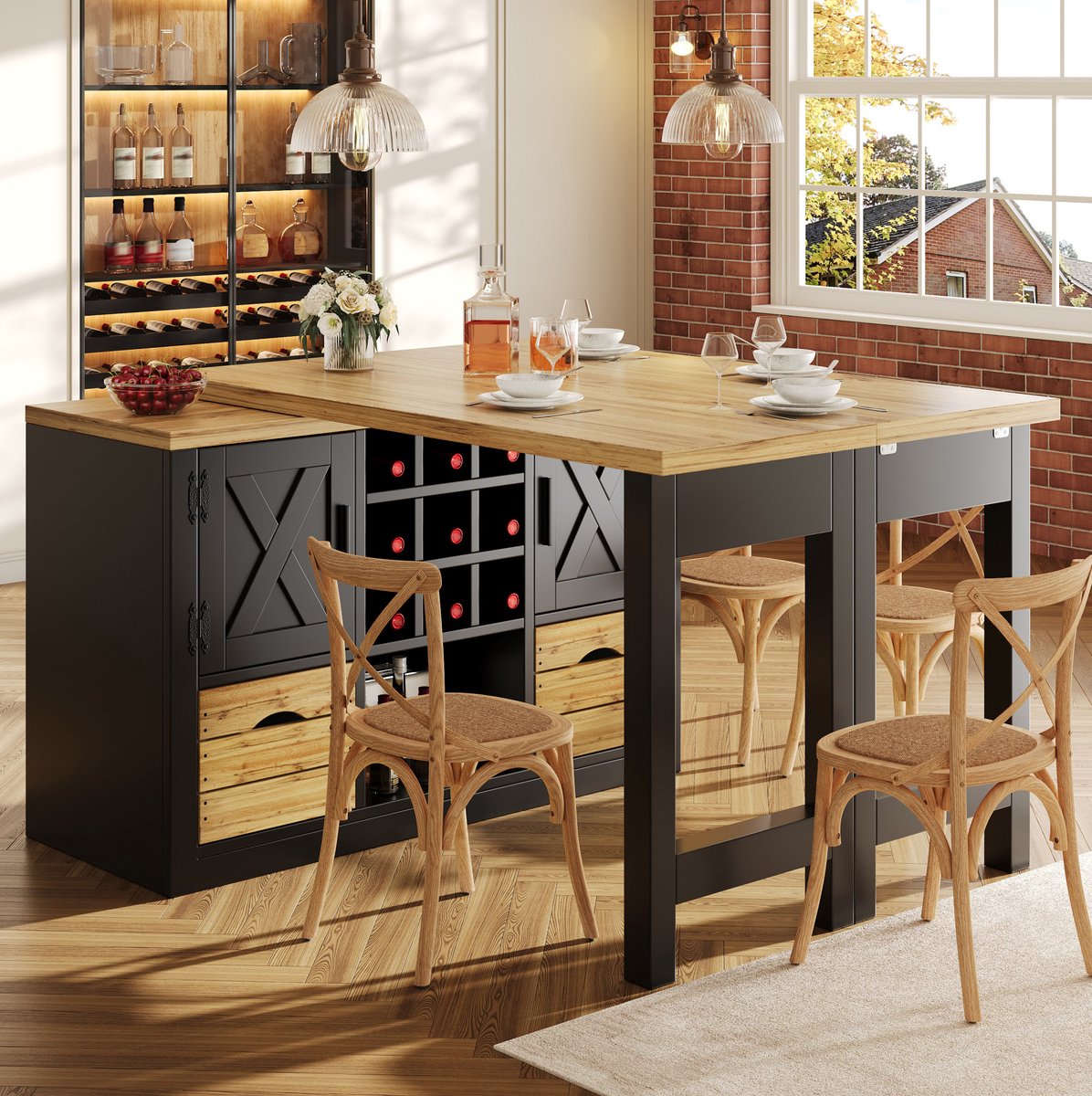 HAUSS SPOLE Eettafel - Uitschuifbaar En 360 Graden Draaibaar Met Opbergruimte - Voor Keuken En Eethoek - MDF - 197x40x73,5 Cm - Zwart