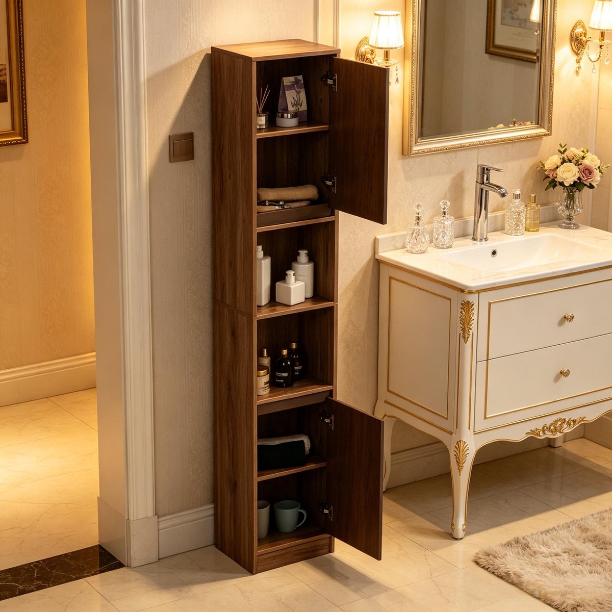 HAUSS SPOLE Badkamerkast - Smalle Hoge Opbergkast Met Verstelbare Planken - Voor Badkamer 