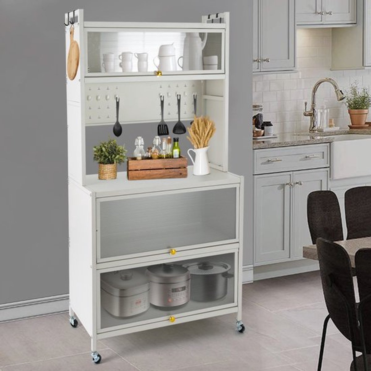 Keukenrek – Keukenkast – Keuken Organizer – Opbergrek – Keukenrek met Wieltjes – 5 Laags – Koolstofstaal – Wit – Compact 80 cm – Roestbestendig en Stevig