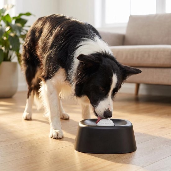 Een zwart-witte hond, een Border Collie, likt aan een zwarte voerbak met witte bal in een woonkamer.