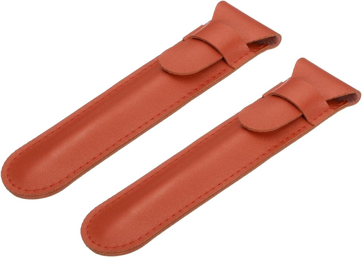 Leren etui voor pennen met klapbescherming, 2 stuks, ideaal voor vulpennen, balpennen en kantooraccessoires, oranje
