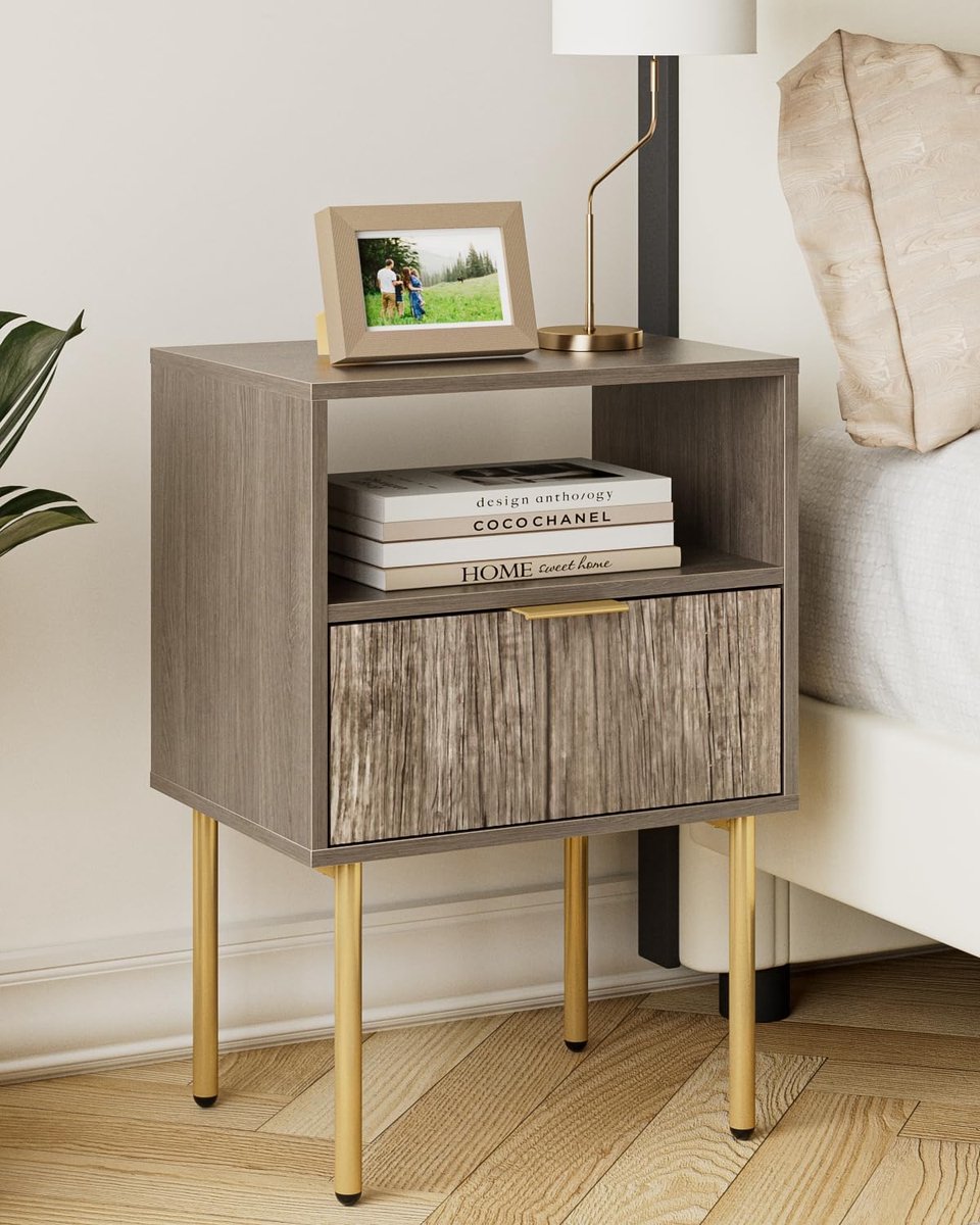 Famanu Modern nachtkastje met open plank en lade, boho stijl voor slaapkamer en woonkamer, grijs