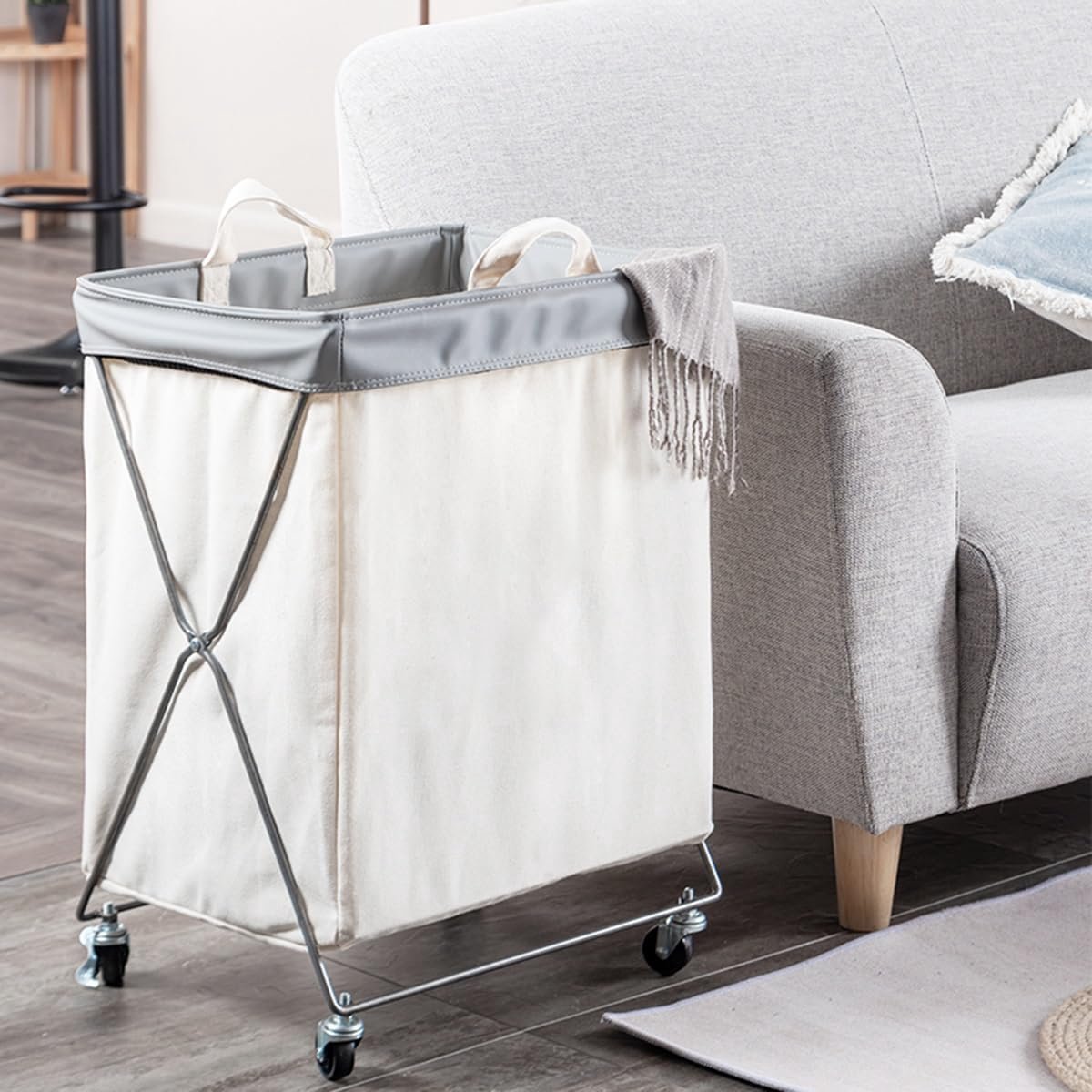 Wasmand op wieltjes Opvouwbare wasmand Kleding sorteren Met remwielen 41x32x58 cm Beige