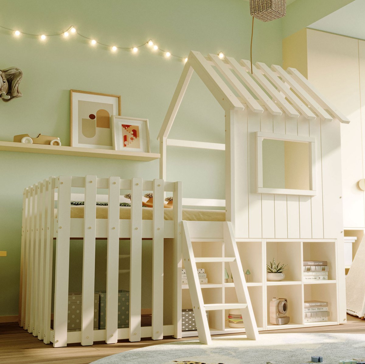 MEUNIQ Kinderbed huisbed 90x200 met dak, raam en kletterladder, open opbergruimte en lattenbodem voor de kinderkamer, wit