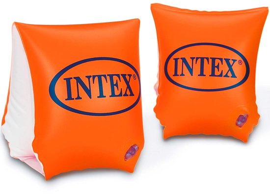 Oranje Intex zwembandjes met blauw logo.