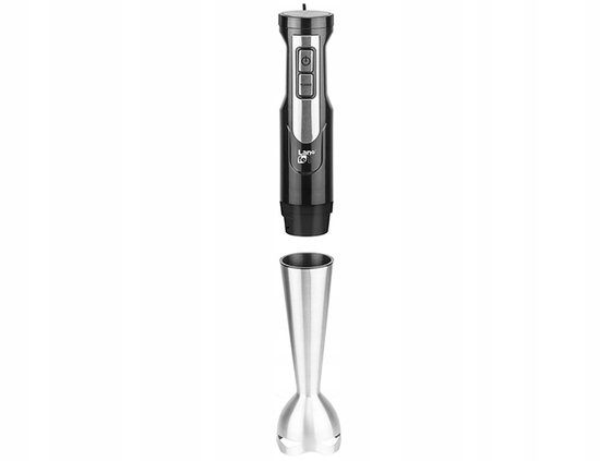 Zwarte handblender met los metalen staaf.