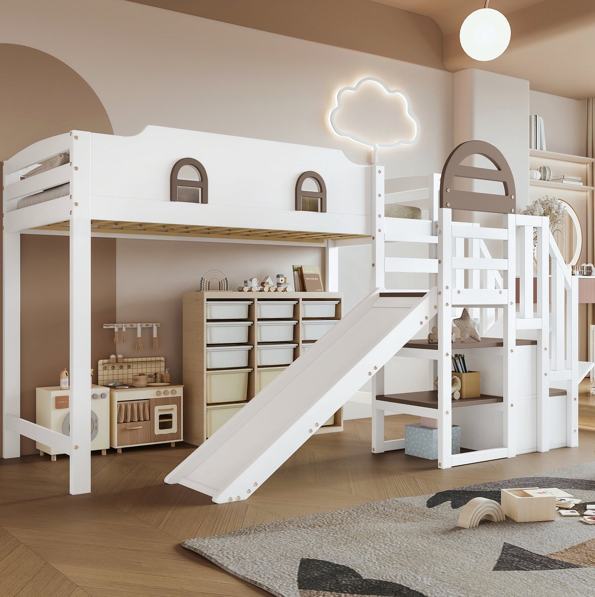 MEUNIQ stapelbed 90x200 cm met glijbaan, trap met handgreep en 2 opbergvakken, kinderbed met ramen en uitvalbeveiliging voor de kinderkamer, wit White