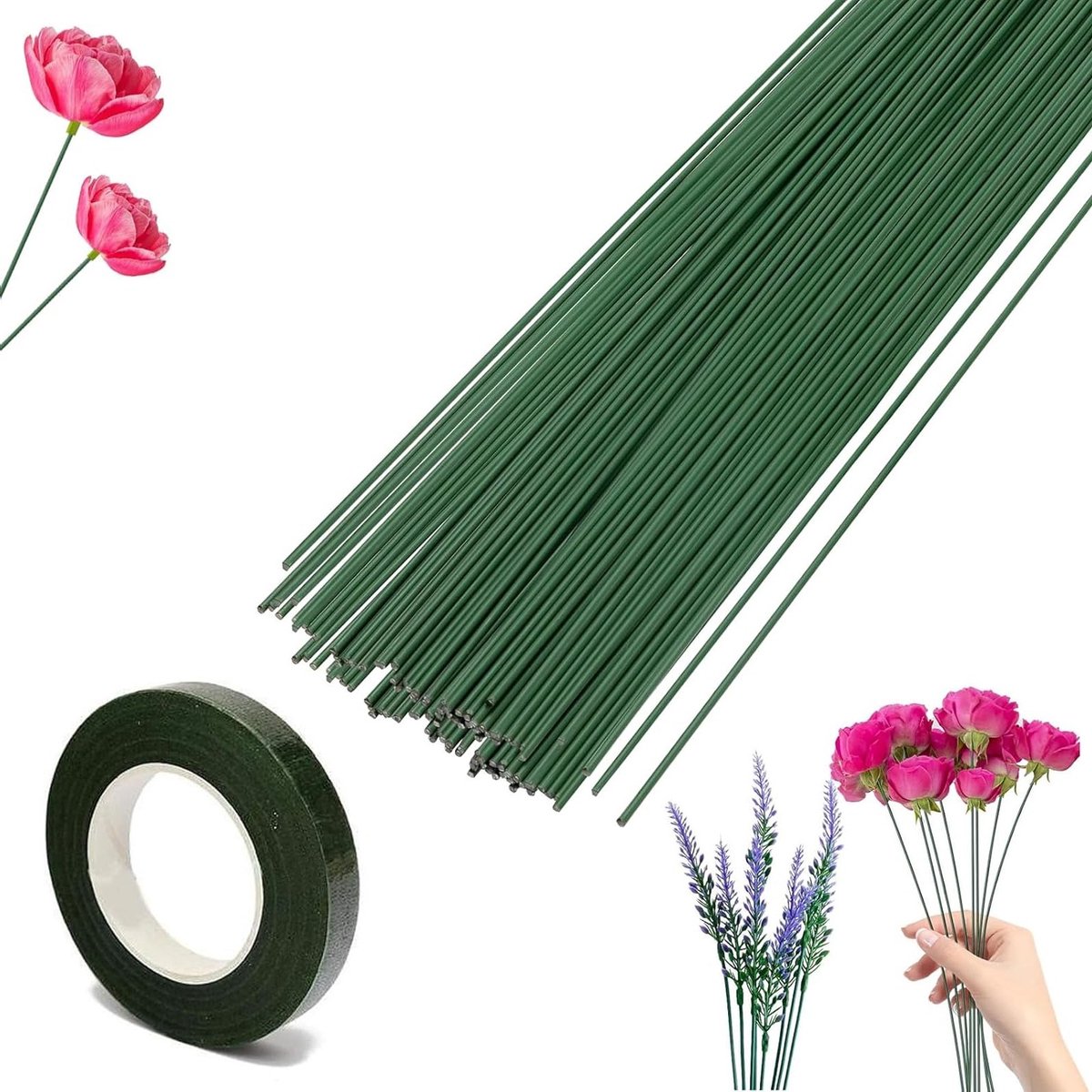 Hoogwaardige groene bloemstelen van 50 stuks met flexibele draad voor creatieve bloemarrangementen