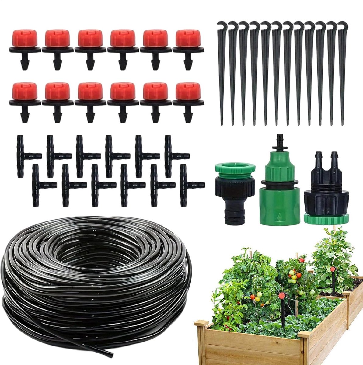 Druppelirrigatieset - Automatische bewatering - Planten water geven - Verstelbare sproeier - 10 meter slang - Zwart