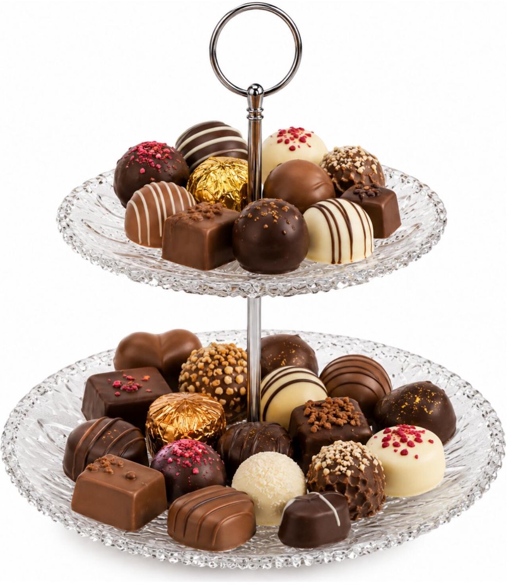 Alessandro etagere - H23 x D18/23 cm - transparant - decoratief glas - 2 laags - bonbons - chocolade - koekjes