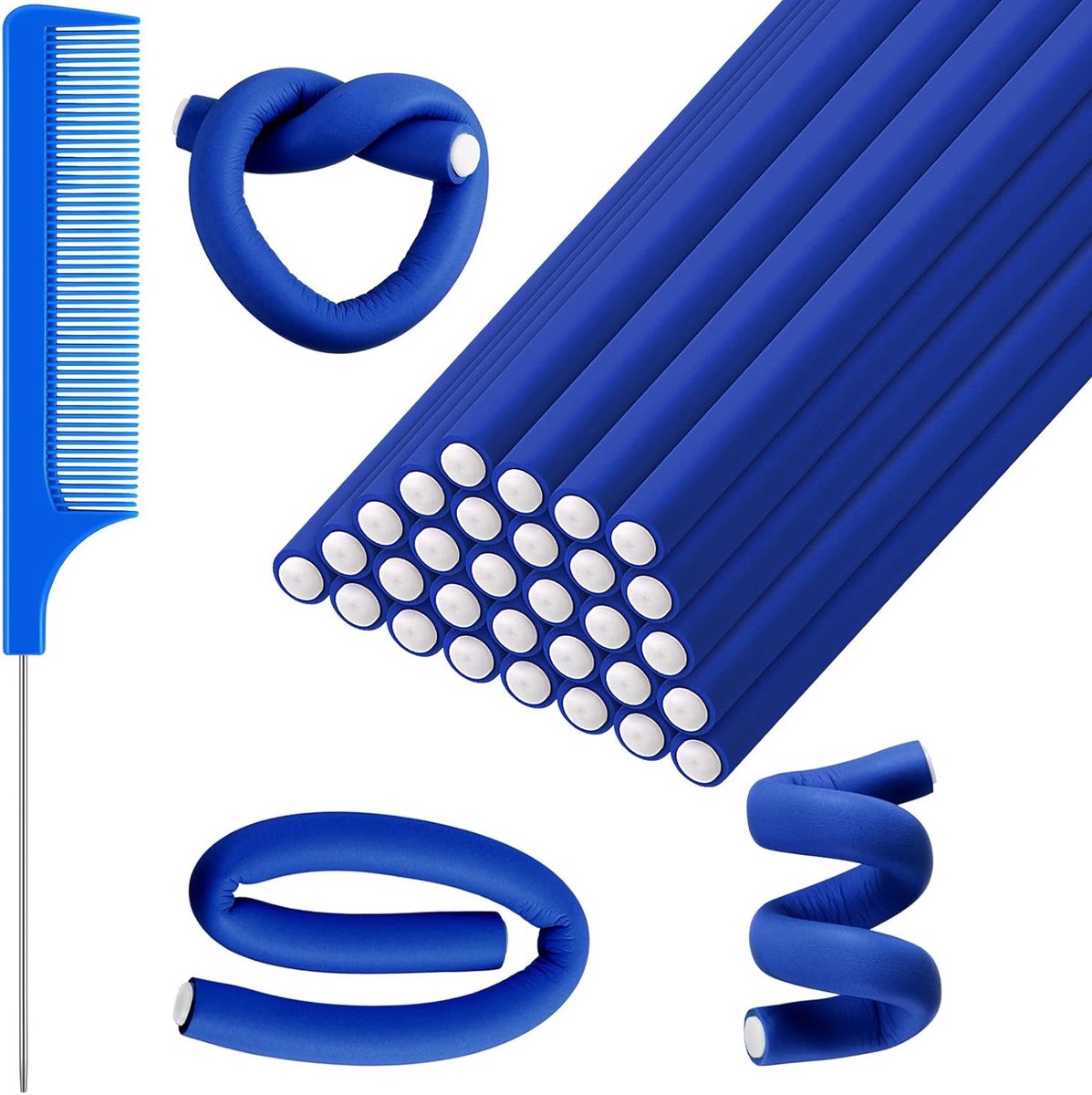 Set van 30 Flexibele Haarrollers van Schuim voor Krullen zonder Hitte en 1 Stalen Pintail Kam voor Lang en Kort Haar, Ideaal voor Dames en Meisjes