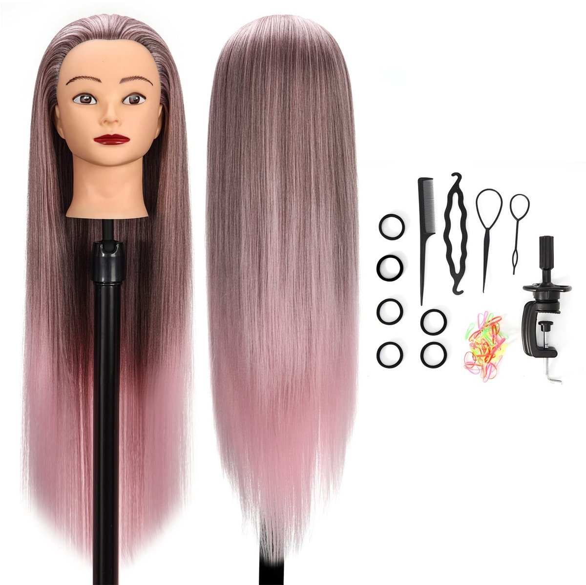 Dailygoods- Poppenhoofd 26-28 Inch - Mannequin Hoofd - Cosmetologie Hoofd - Kappersopleiding - Synthetisch Haar - Inclusief Klemhouder en Haaraccessoires