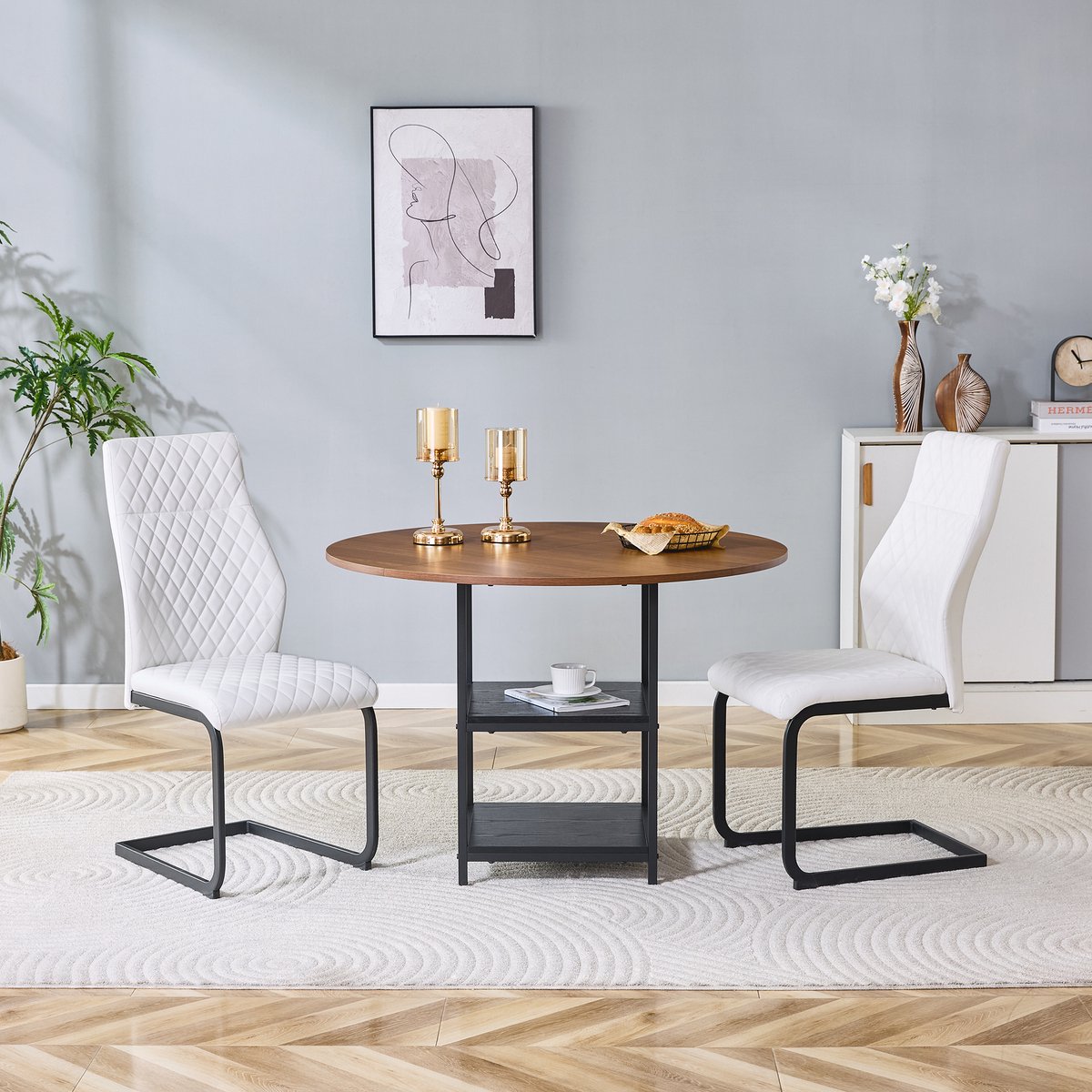 STILVORA Eettafel En Stoelen Set - Ronde Tafel Met Dubbele Opbergniveaus En 2 Stoelen - Vo
