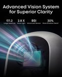 Close-up van een camera lens met lichtstralen, met tekst 'Advanced Vision System'.