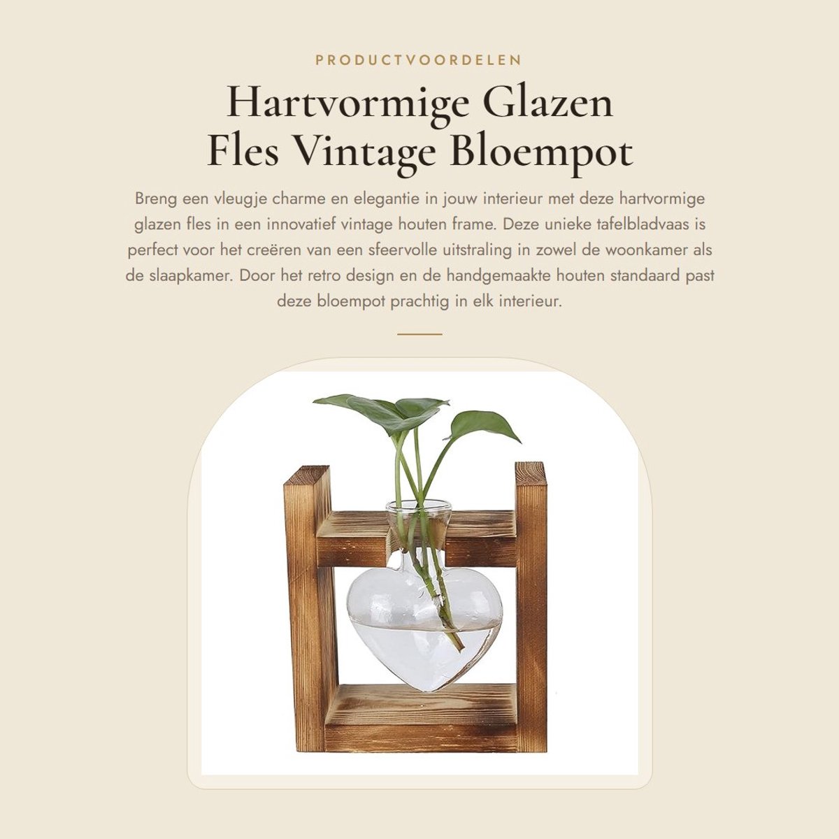 Dailygoods- Bloempot Retro Design - Houten Standaard - Glazen Vaas - Handgemaakt - Luchtdoorlatend - Geschikt voor Thuis en Kantoor