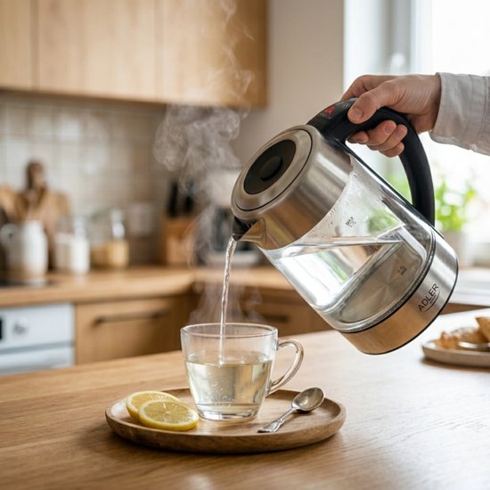 Glazen waterkoker met RVS accenten, schenkt kokend water in een glas.