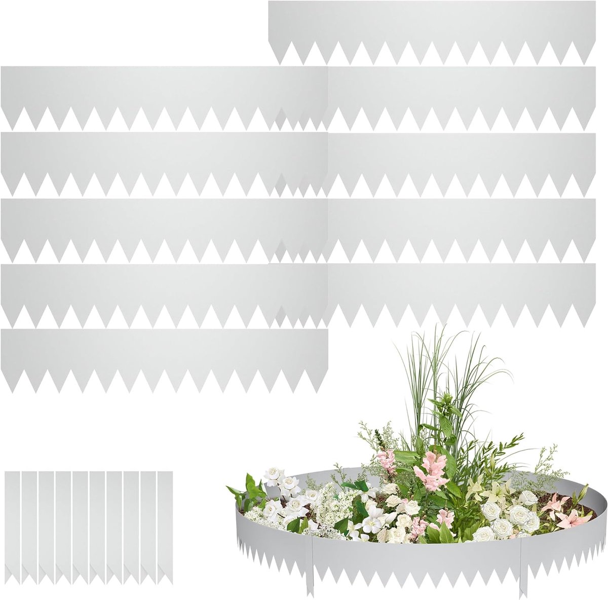 20 cm hoog, verzinkt staal, perkrand, tuin, bedrand met spikes, 20 stuks, 100 cm, maairand, wortelblokkering, palissade, metalen gazonrandband voor paden, gazons (zilver)