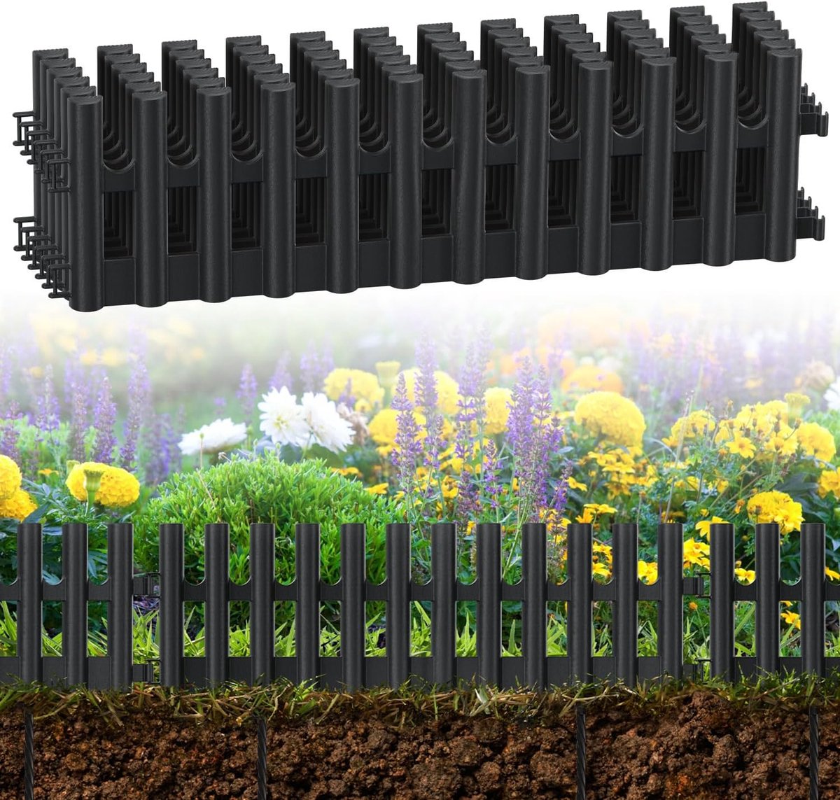 Grasrand van kunststof, antraciet, 12 stuks (43 x 13 cm), 24 grondankers (20 cm), flexibele perkomrand, eenvoudige montage, voor tuin en gazon voor robotmaaiers, kinderen en dieren