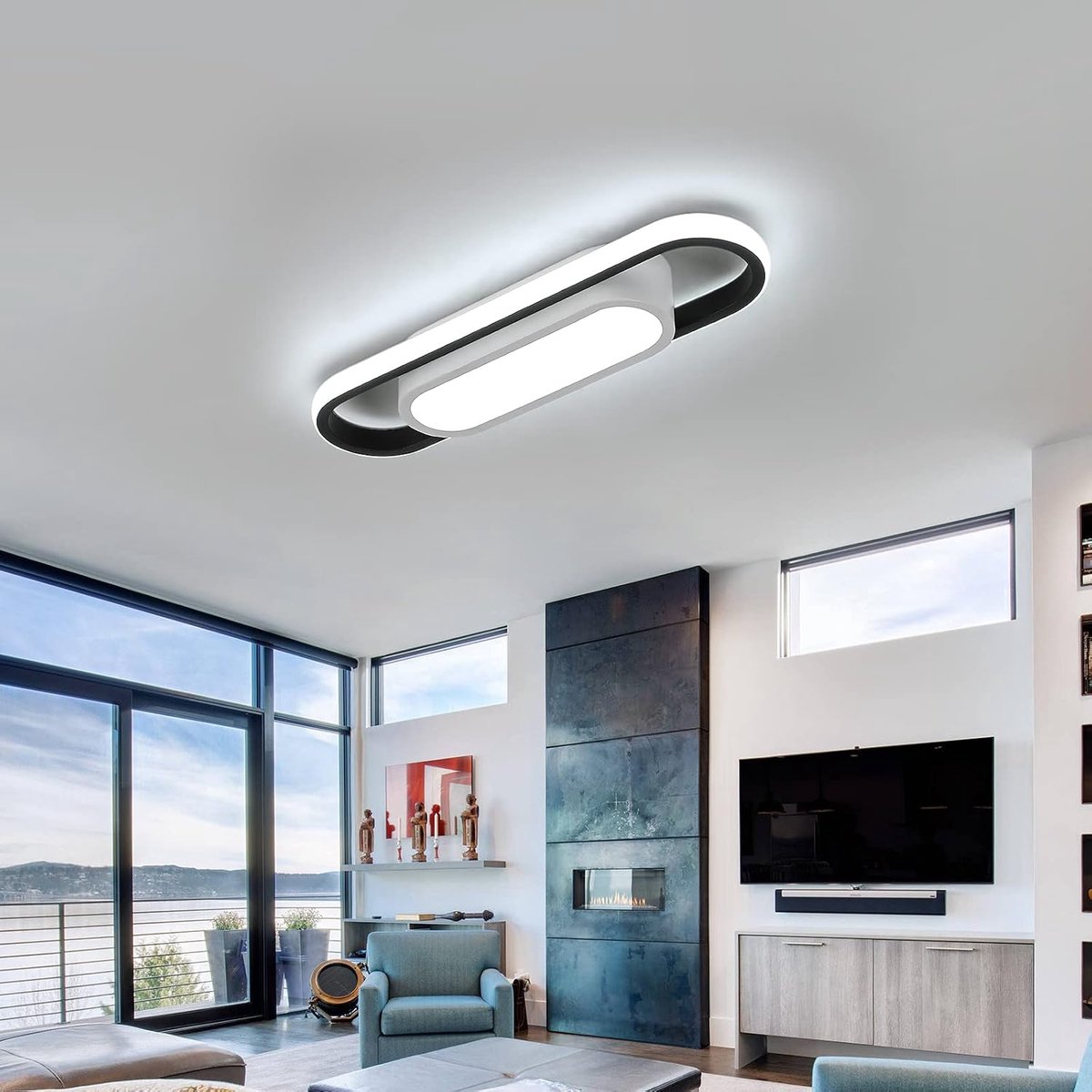 24W Rechthoekige LED Plafondlamp, 3000LM Modern LED Plafondlicht 6500K Koel Wit Licht, Acryl Plafondlamp voor Slaapkamer Keuken Hal Balkon, L40 * B12cm, Zwart & Wit