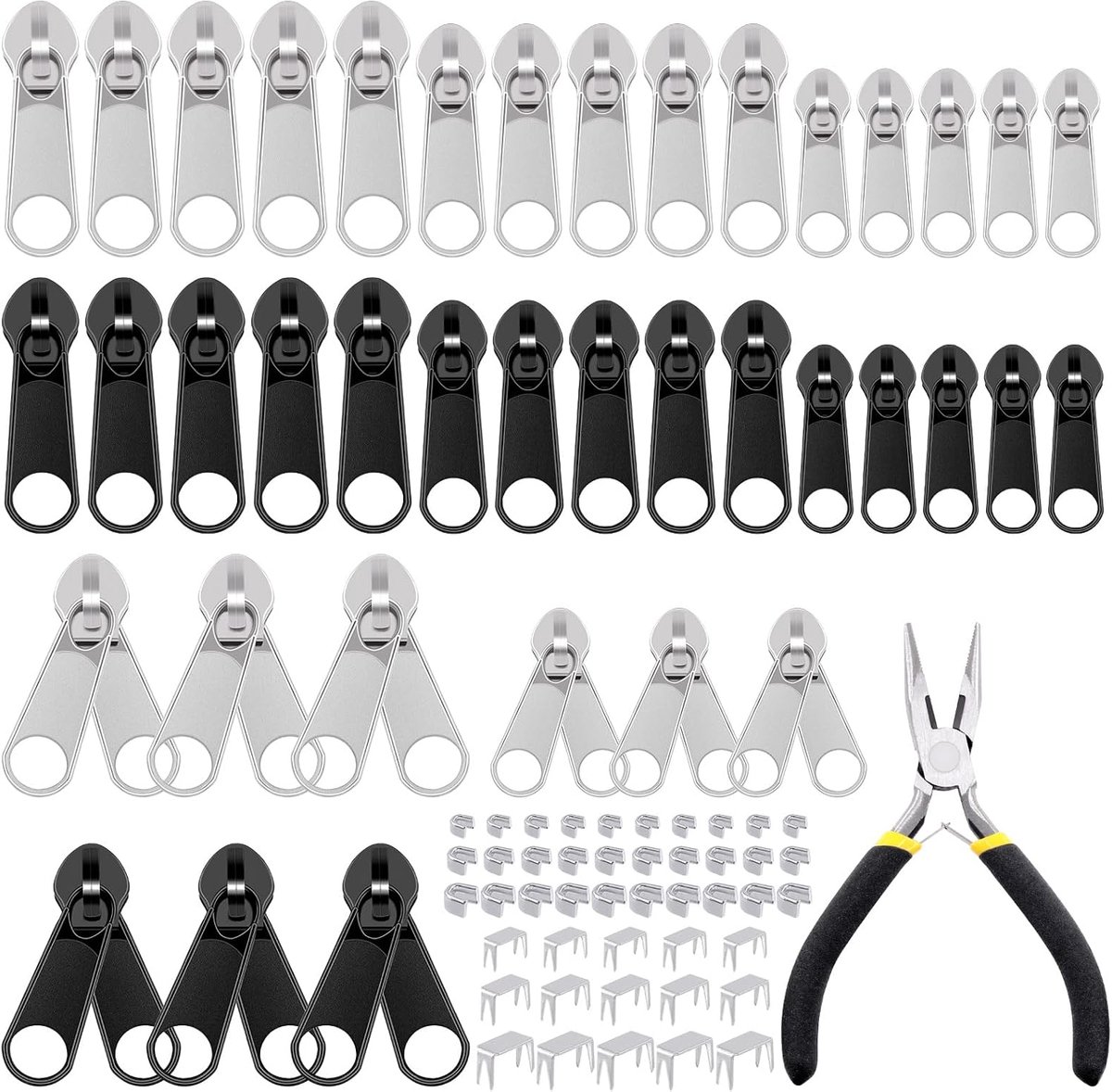 85 stuks reparatieset voor rits, 3/5/8 rits vervanging, enkel en dubbel, boven-/onderstoppers, installatietang voor tenten, bagage, jassen, rugzakken