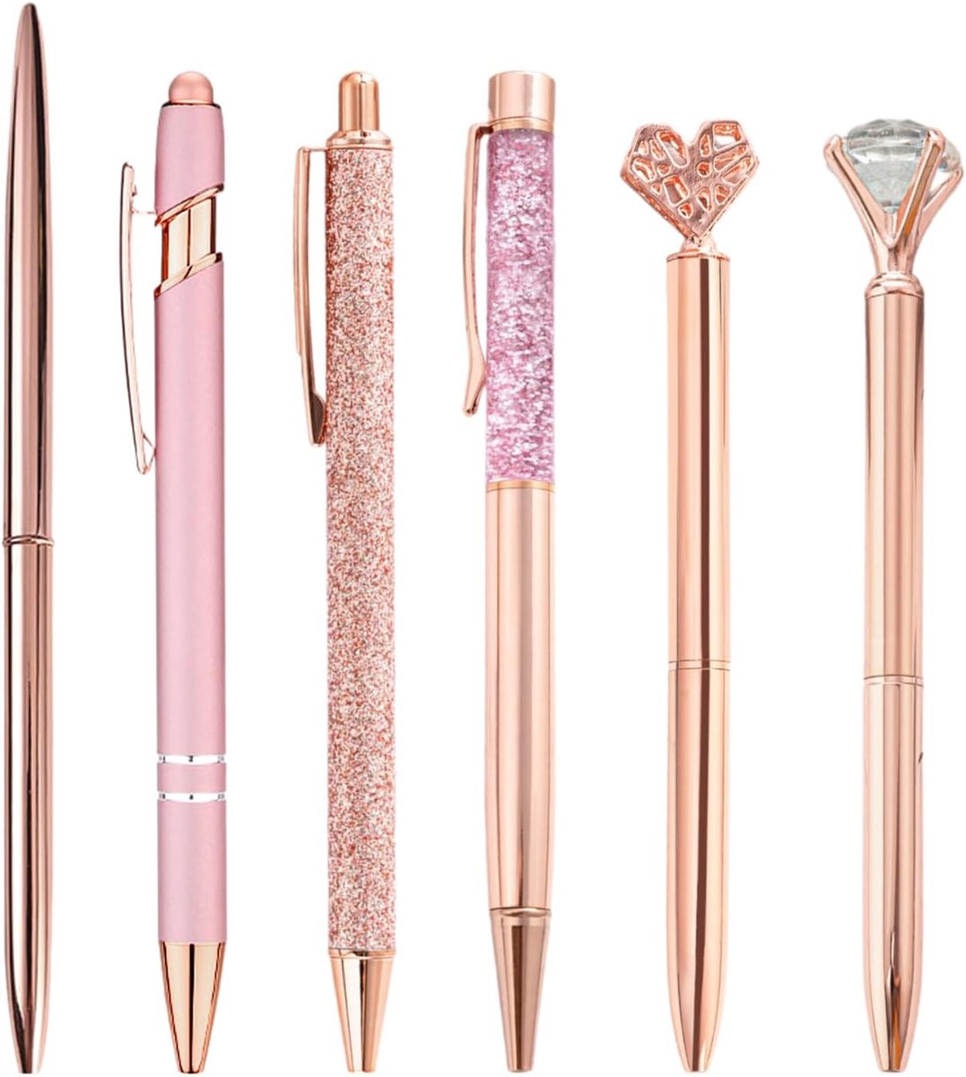 Set van 6 strass-balpen, roségoud-roze, metaal, kantoor- en schoolbenodigdheden, geschikt cadeau voor meisjes en vrouwen