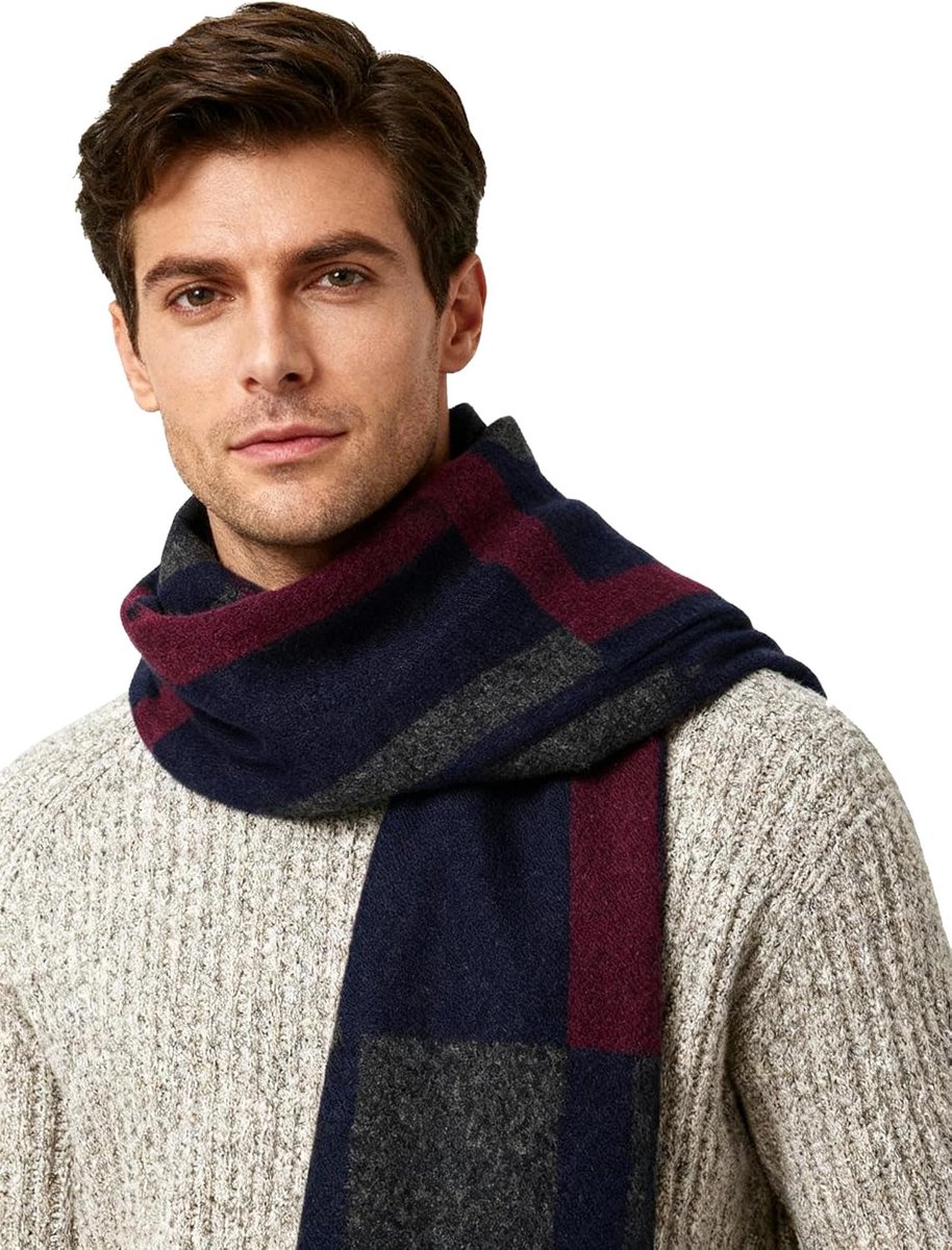 Wintersjaal voor heren, lange kasjmier, warme geruite sjaal met franjes, dik, zacht, 180 x 30 cm, Ws016-add-streep/rood blauw, One Size