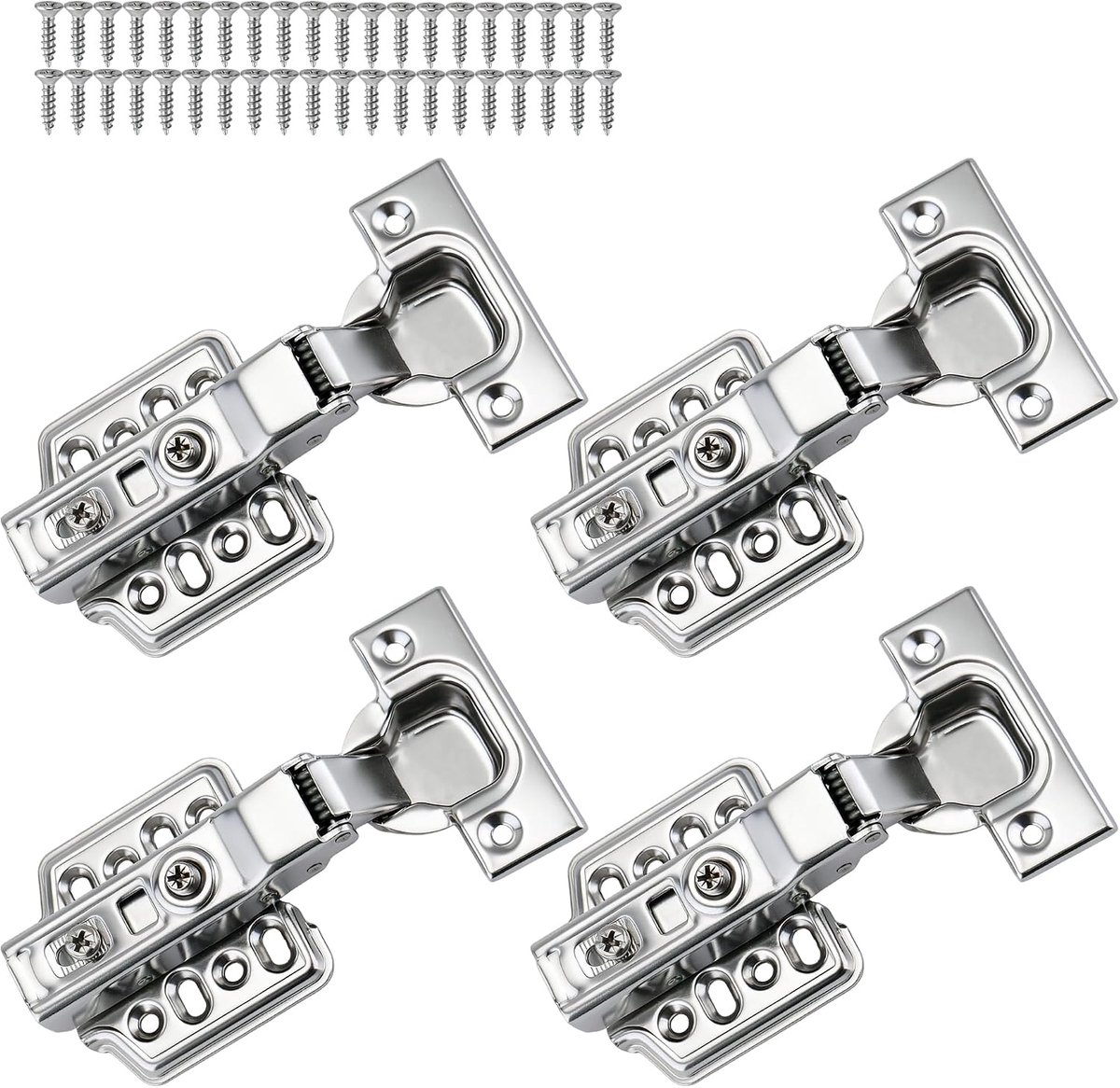 4 stuks 3D-inzetstukken, Soft Close Concealed Kastscharnier, verborgen frameloze deur, stop bij 45°-105°, zelfsluitend, nikkel, euro-roestvrij stalen haken voor keuken cupboard (halve overlay)