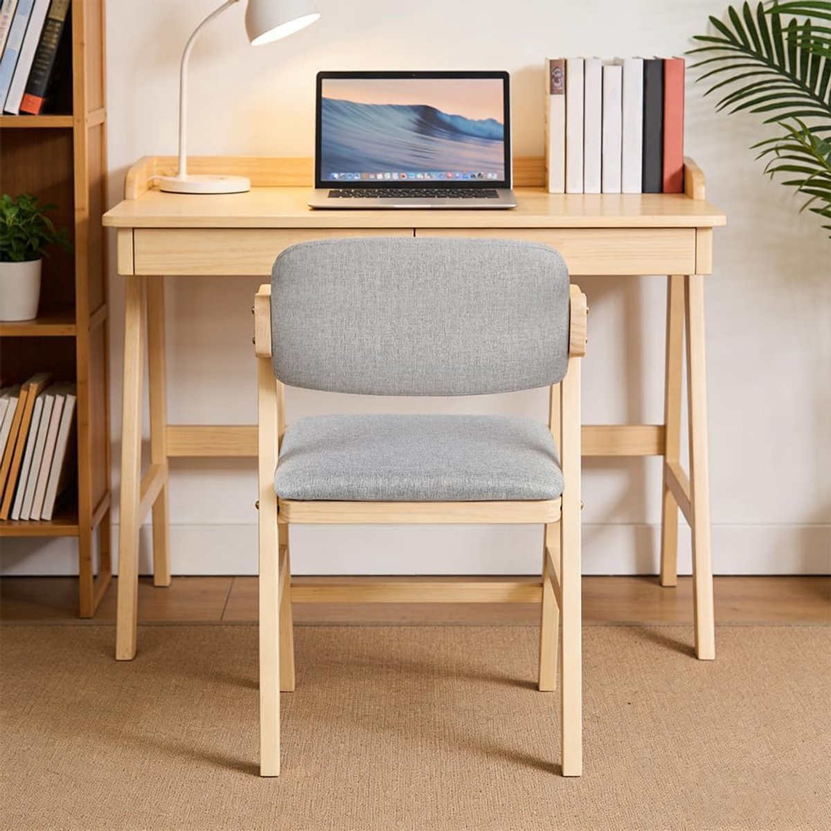 Kinderstoel, veiligheidsstang van hout, in hoogte verstelbaar, stabiel, ondersteunt 90 kg, voor baby's, met zitkussen, kinderen en volwassenen, 48 x 46 x 78 cm – Grijs (1 stuk)