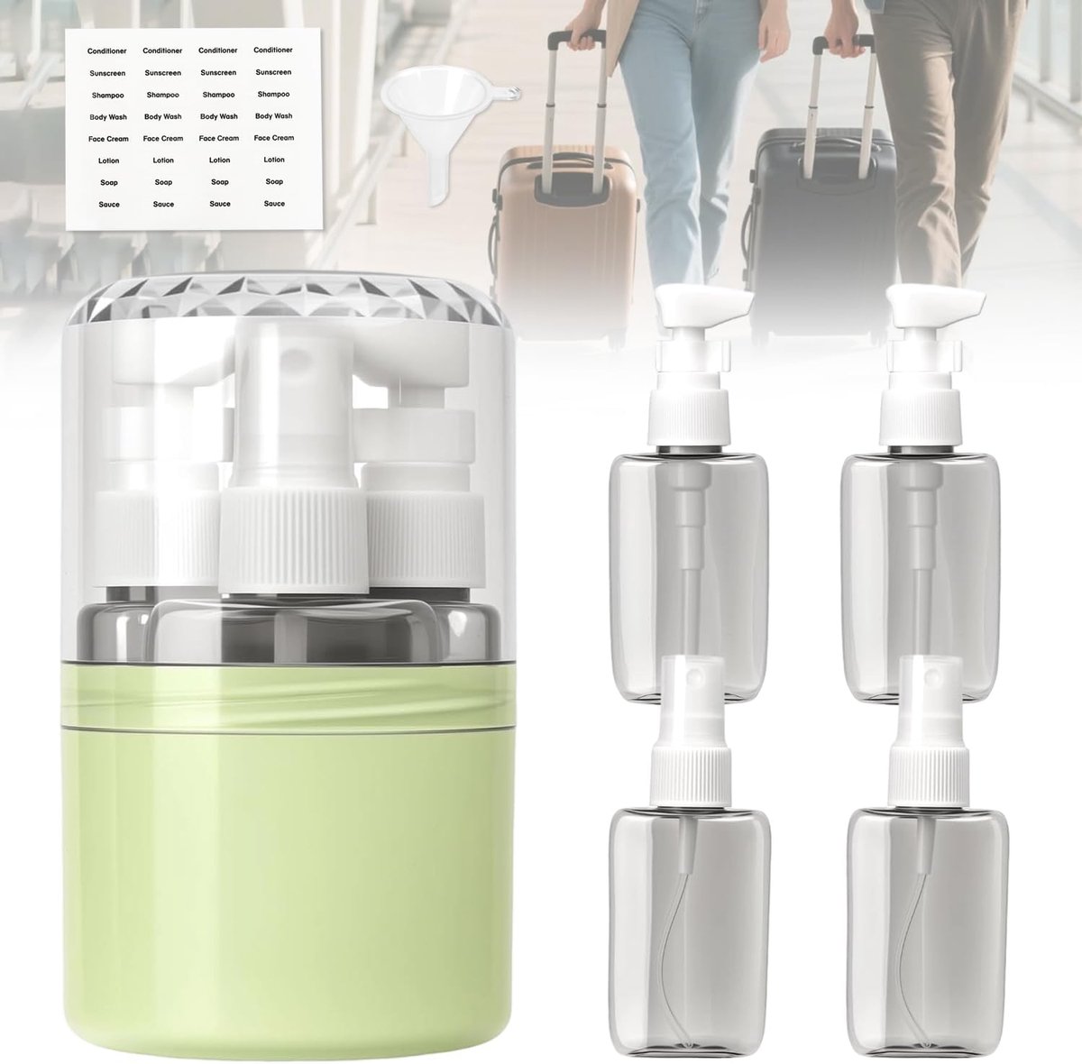 4-in-1 reisflessen om te vullen, 4-in-1 reisdispenser met 4 flessen van 50 ml, 4-in-1 reisdispenser om te vullen met etiketten, draagbare reisdispenserfles, voor sportschool en vakantie