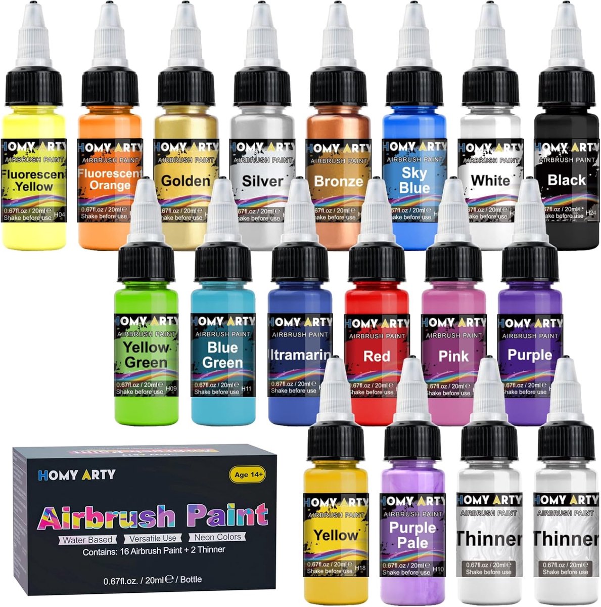 HOMY ARTY Airbrush Paint - 16 Colors with 2 Thinner Waterborne Airbrush Paint Set, Ready to Spray Acrylic Air Brush - ShopVlot