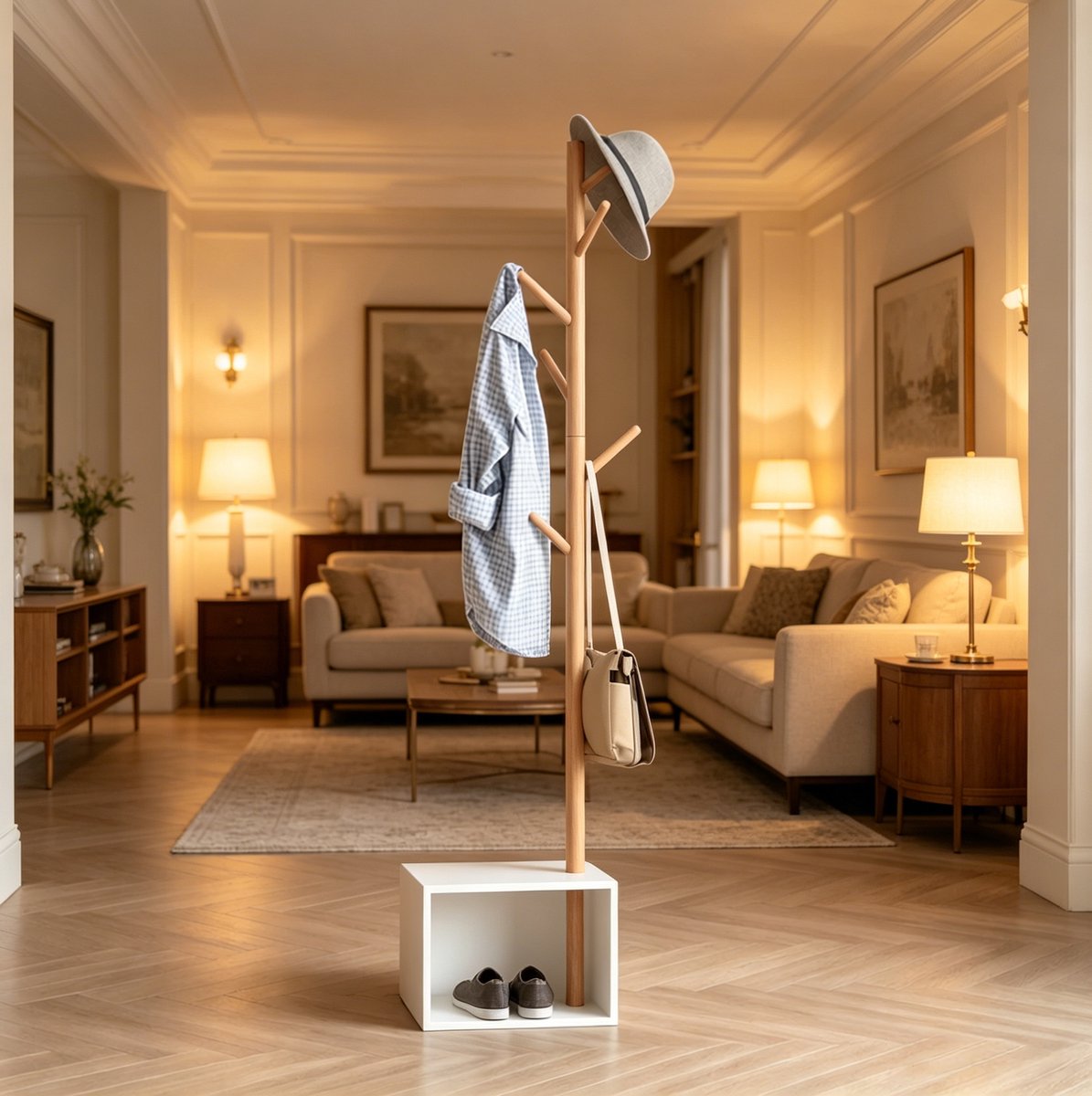 Kledingrek Met Opbergvak – 40 x 30 x 180 cm – MDF En Bamboe – Wit – Staande Kapstok Met 6 Haken Voor Hal Of Slaapkamer