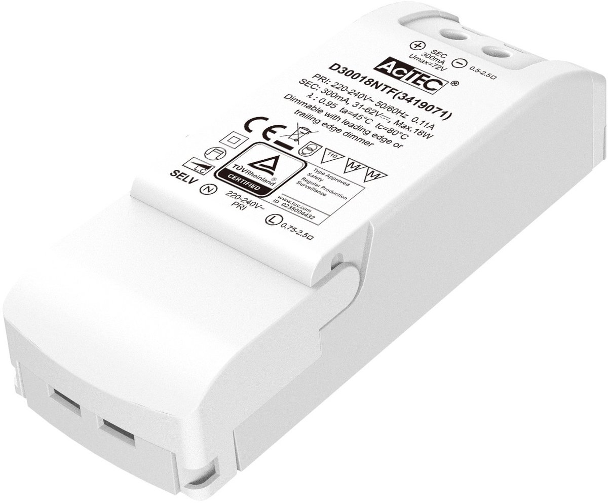 LED driver, triac dimbaar, 18 Watt, 300mA constante uitgangsstroom, 220-240V AC, uit de Deco-collectie