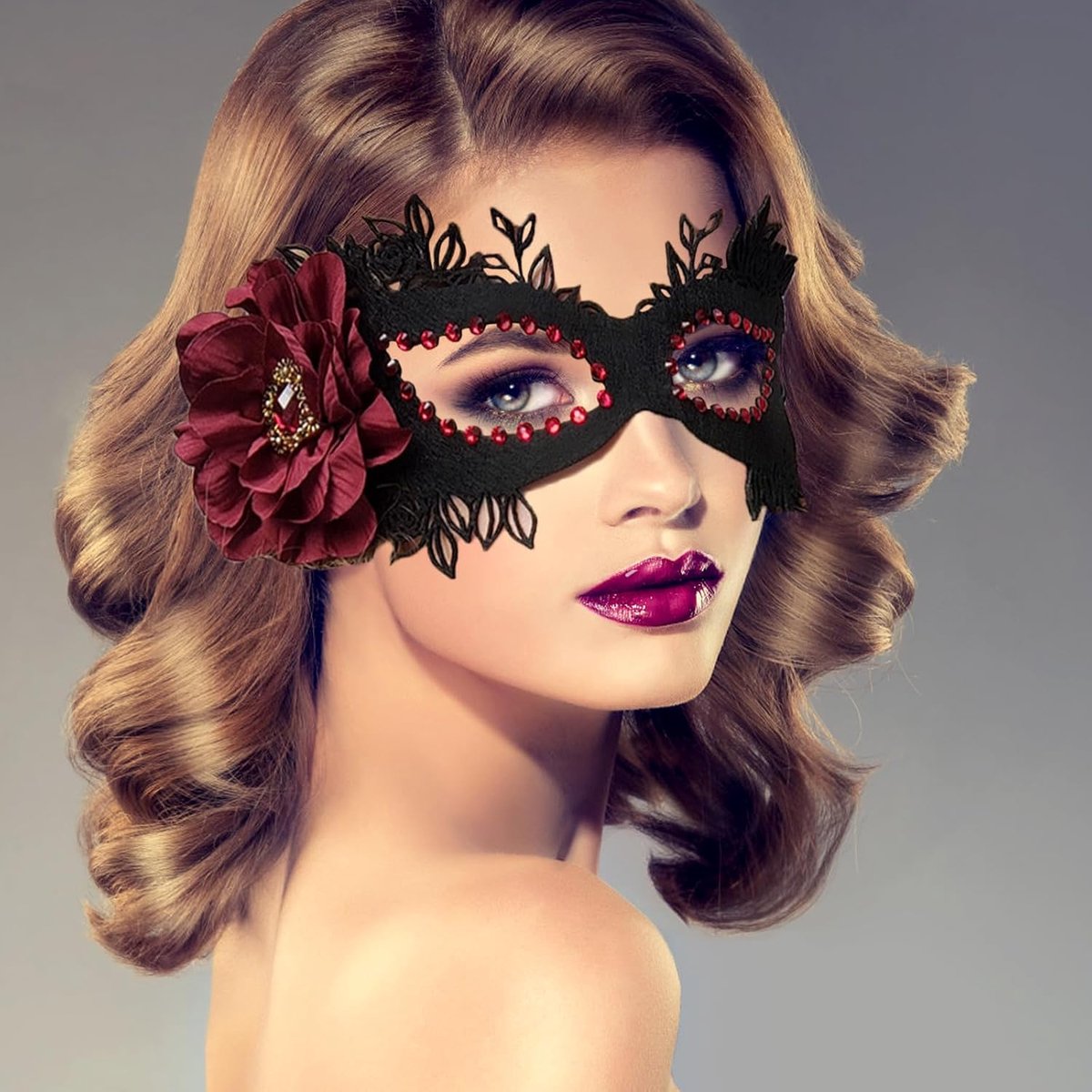 Vrouwen vintage masker - zwart vilt - rode bloem - perfect voor Halloween of carnaval - SnelShoppen