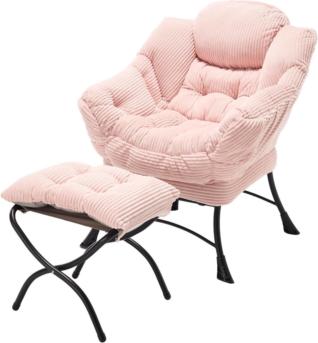 Fauteuil met voetenbank - Leunstoel kruk - Ontspannen lezen - Zijvak opbergruimte - 80 x 64 x 95 cm - Roze