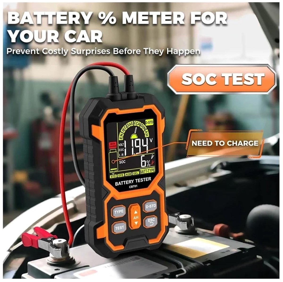 Digitale Accutester - Batterij Analysator - Voertuigonderhoud - 12V en 24V Compatibel - DC 8-30V - Zwart