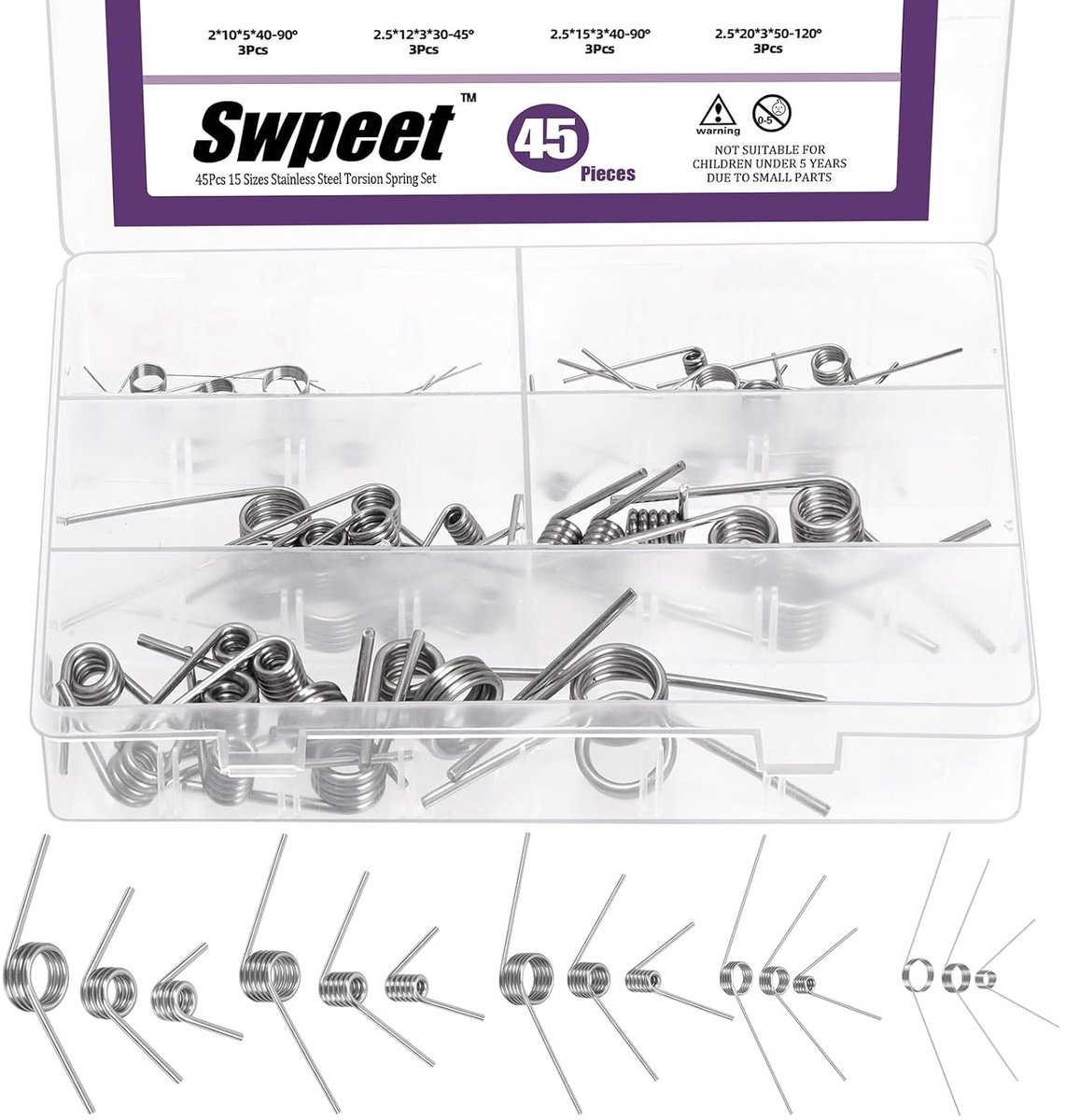 Torsiespiraalveren set 45Pcs - Rvs 45/90/120 graden - 15 maten - Ideaal voor houtbewerking - SnelShoppen
