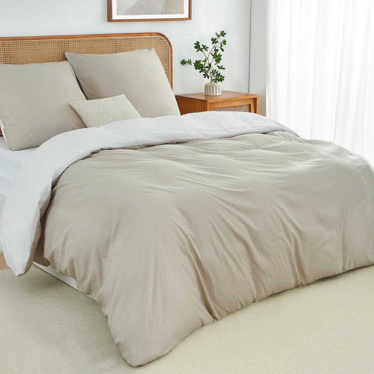 Dekbedovertrek 200 x 200 cm - Beige/Wit - Oeko-Tex Microvezel - Zacht en ademend - ShopVlot