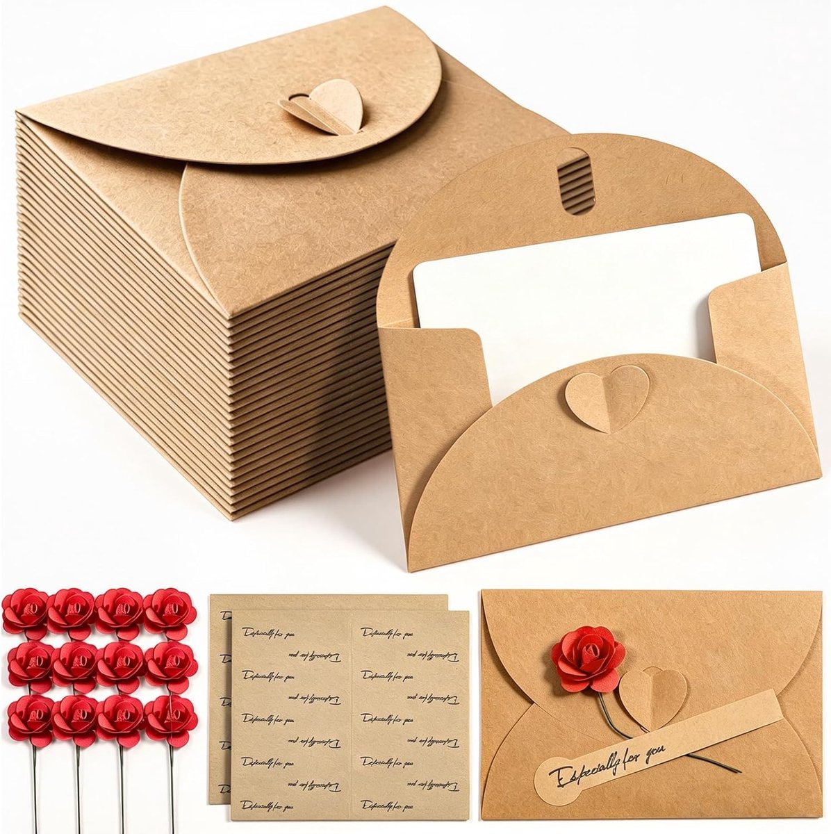 Mini enveloppen set - 20 stuks - vintage kraft papier - met blanke kaarten en stickers - ShopVlot