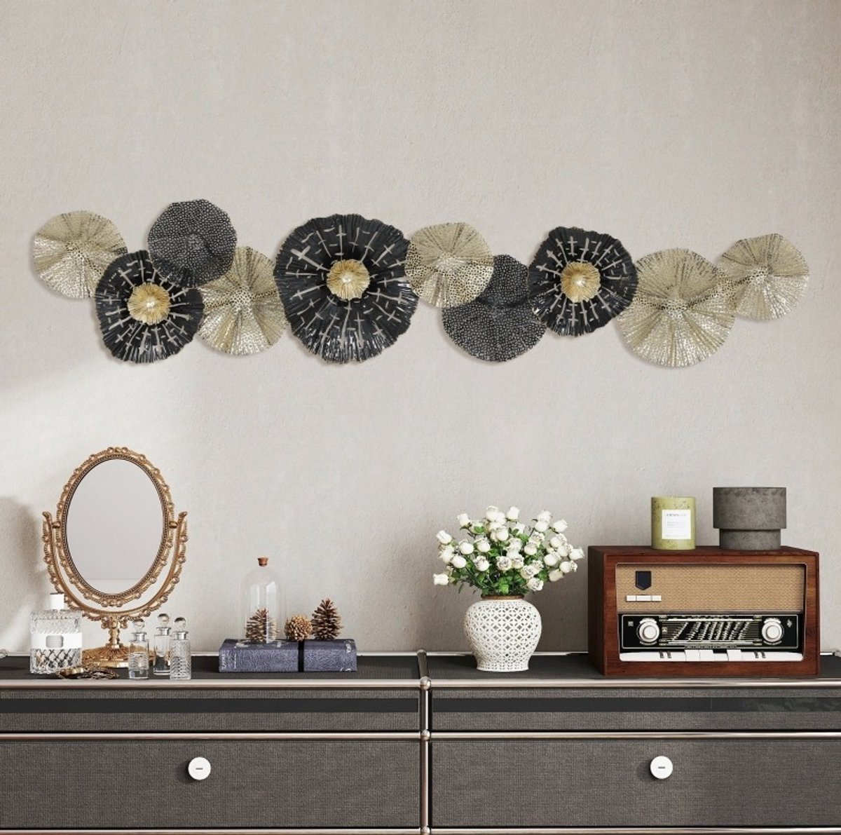 FloraGrace Wanddecoratie Moderne Metalen Wandkunst Met Metalen Frame 134 Cm X 29 Cm Zwart Goud Voor Binnen