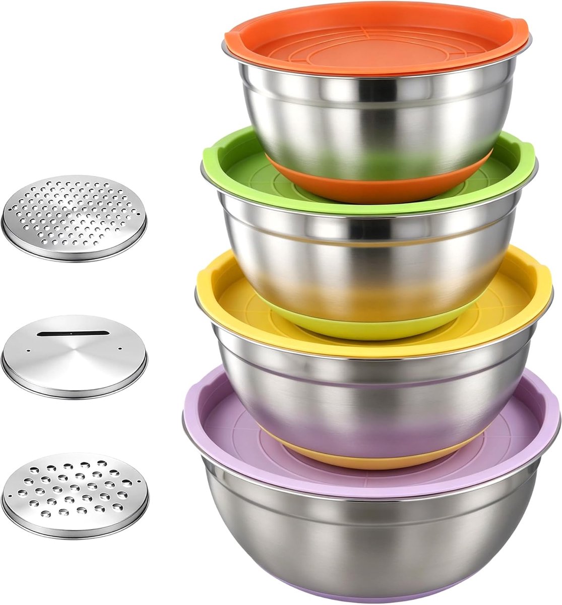 Mengkom met deksel 4-delige set - roestvrij staal - met rasp-inzetten - ideaal voor het mengen van ingrediënten - ShopVlot
