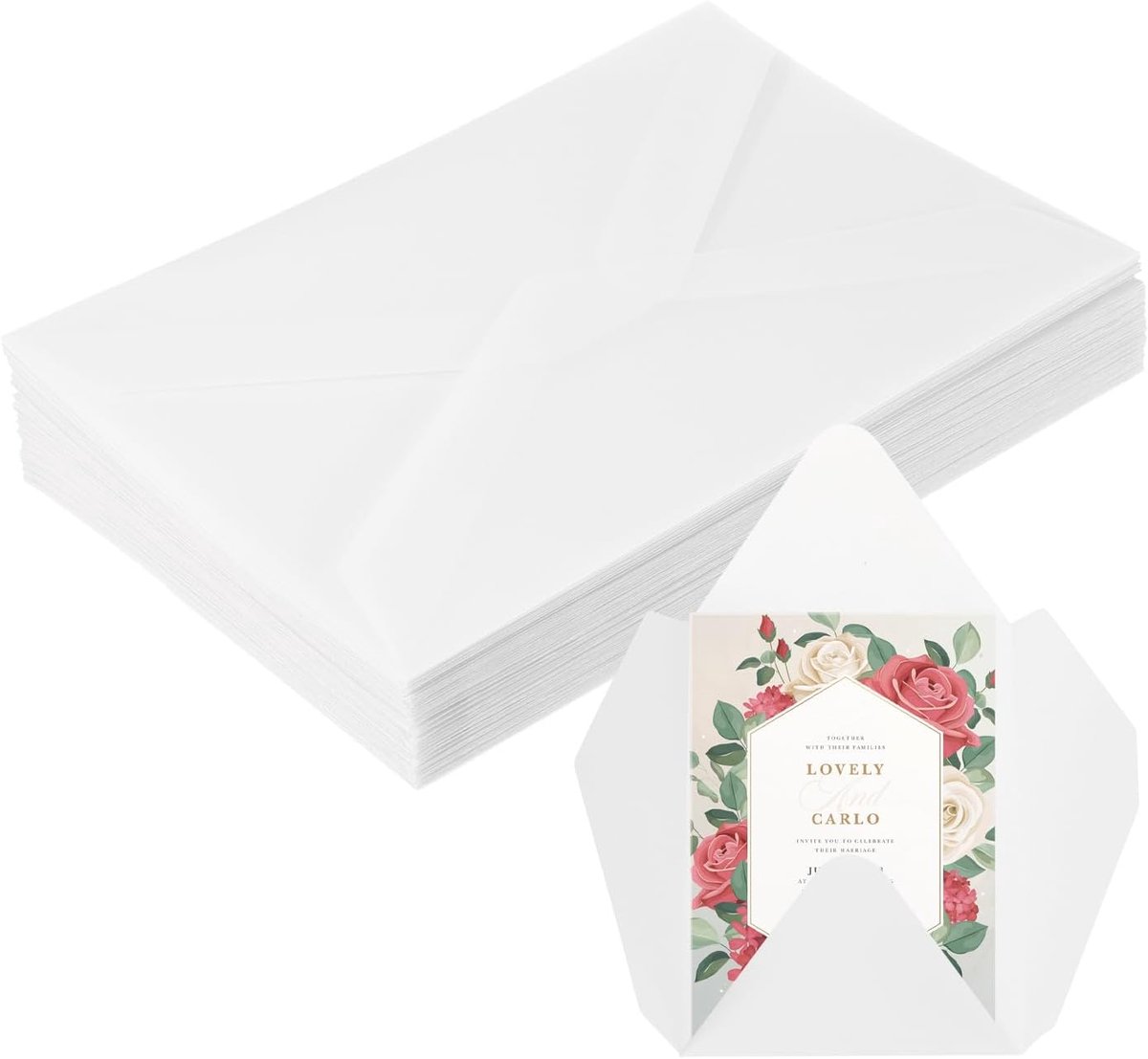 Set van 30 vellum-hoezen, 13 x 18 cm vellum papier voorgevouwen ruitvormige vellum enveloppen, transparant, 53 g/m², voor trouwuitnodigingen, bruidsdouches, verjaardagen, verpakkingen